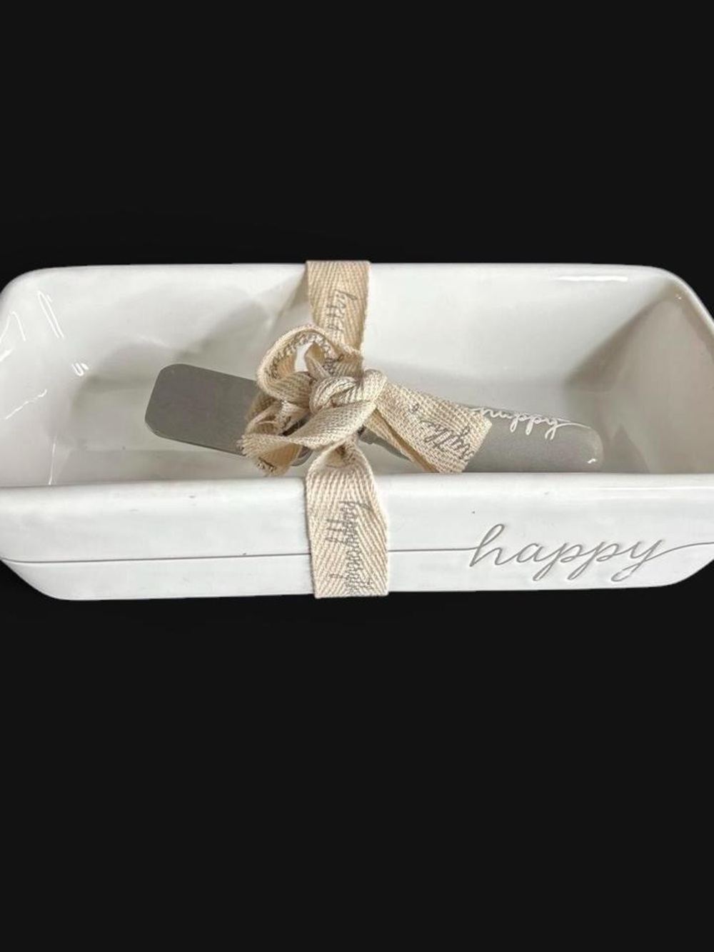 Mud Pie Happy White Ceramic Butter Jelly Jam Spread Tray with Spreader